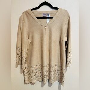 Chico's Desert Sand Cut Out Blouse, 3/4 Sleeve, V-neck, Woman’s size 16/18